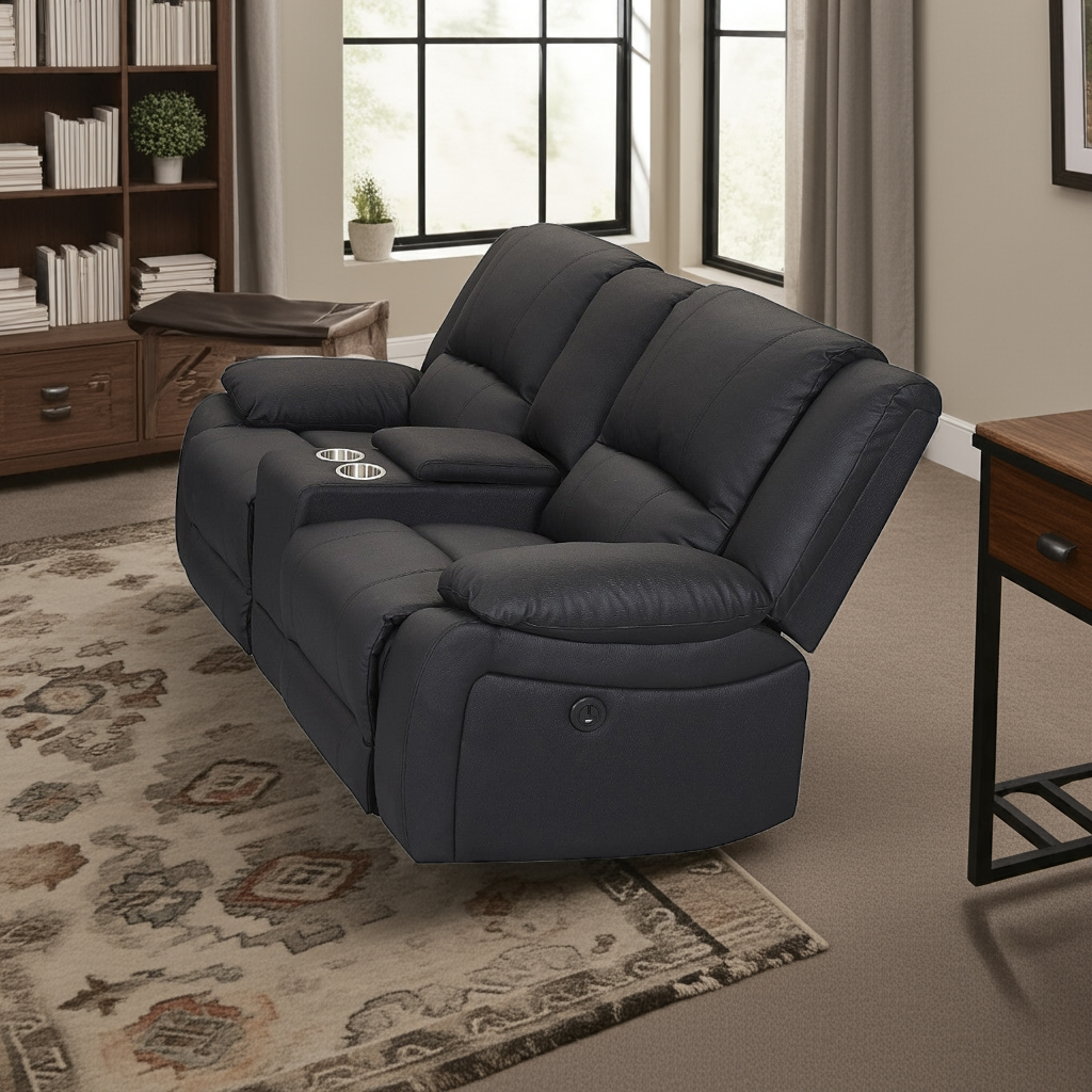 Captain 2 Seater Rhino Suede Fabric Electric Recliner Lounge -Black Onyx