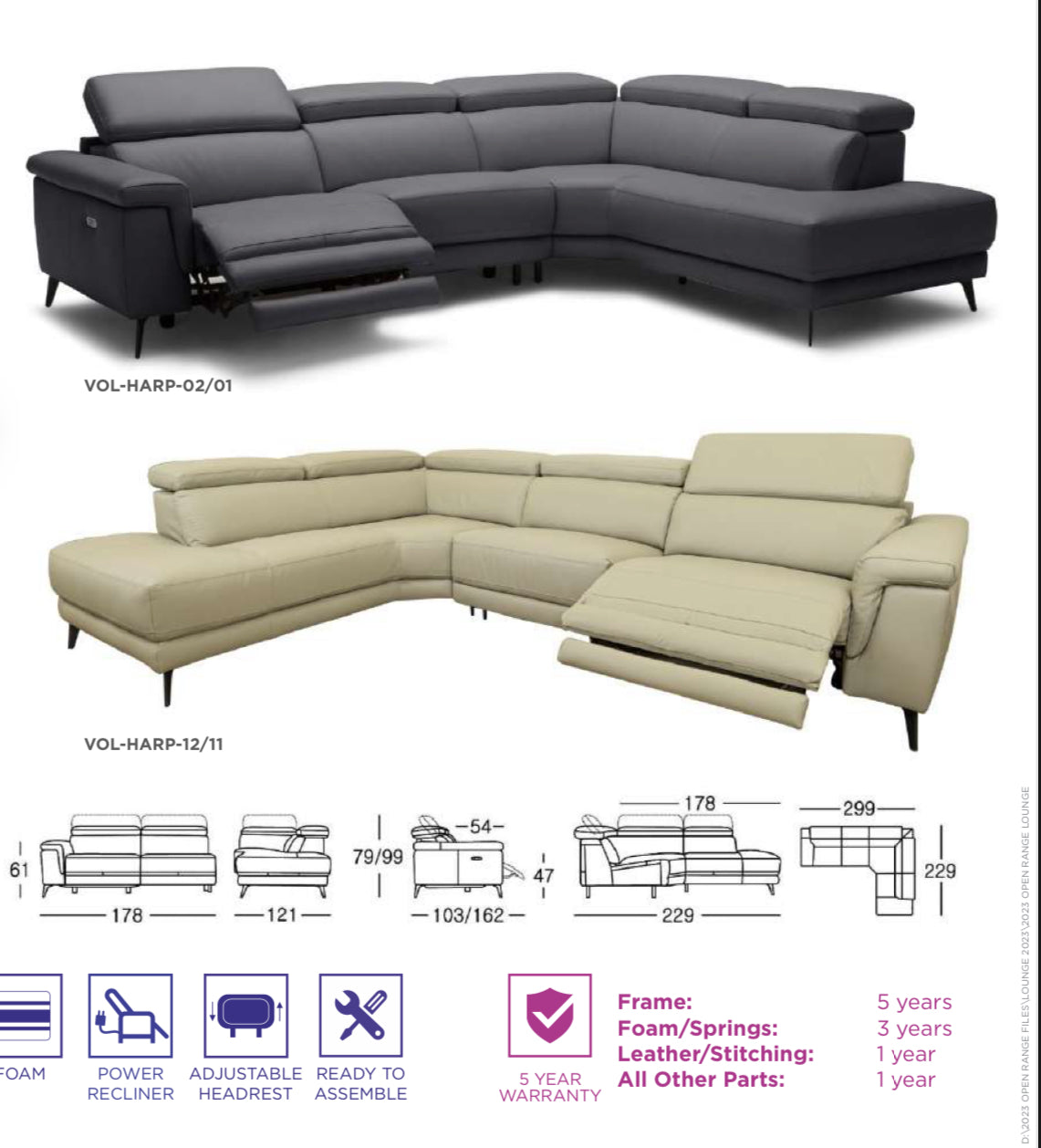 Harper Leather Modular Lounge with Electric Reclining Action RHF  -Black