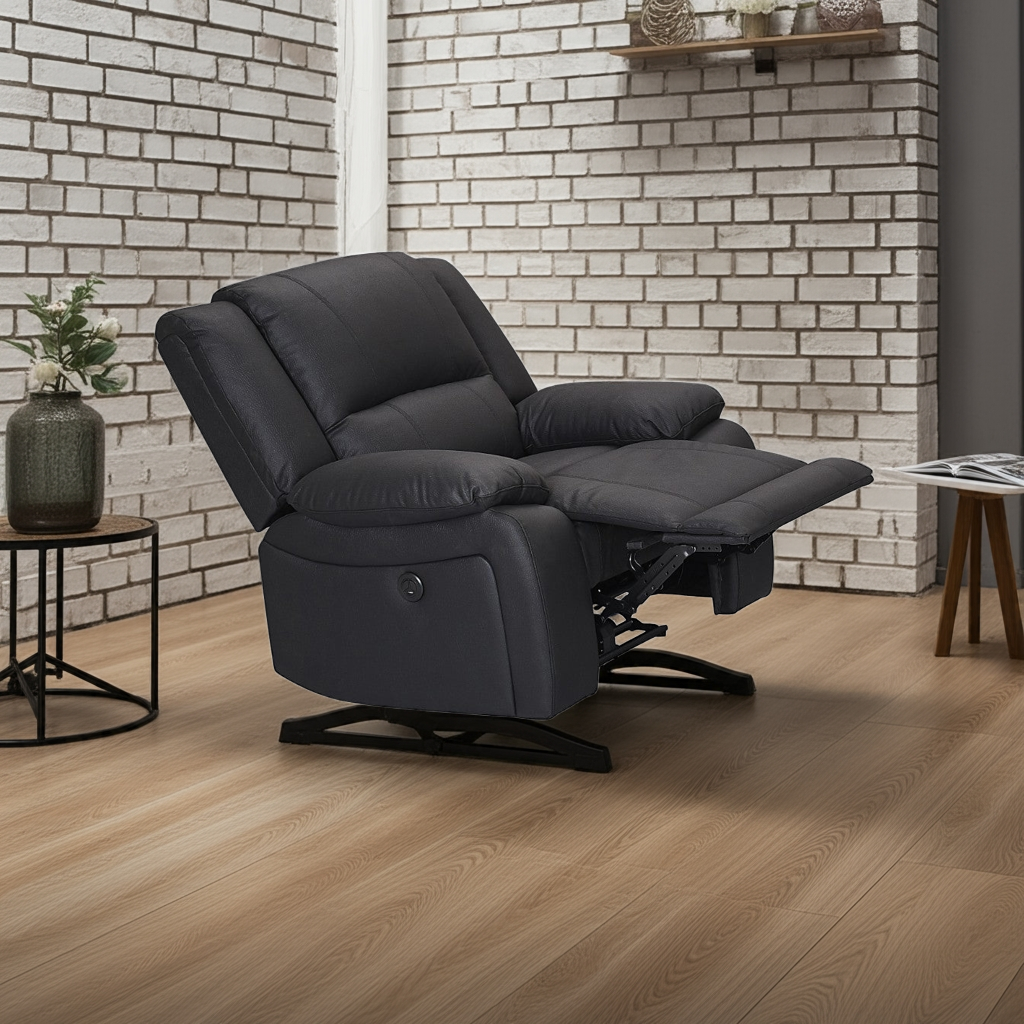 Captain Single Electric Recliner Rhino Suede Fabric Lounge - Black Onyx