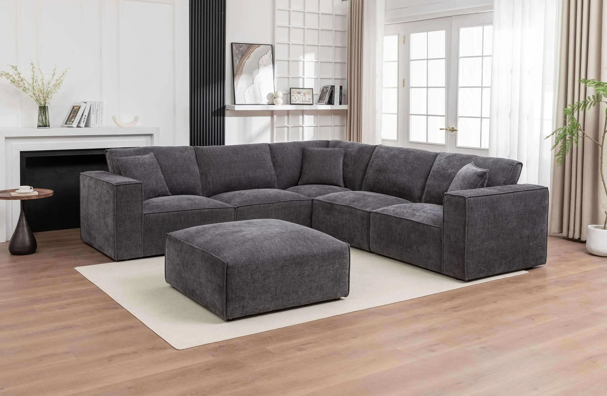 Jonathan Sectional 5 Seater Sofa with Ottoman-Medium Grey