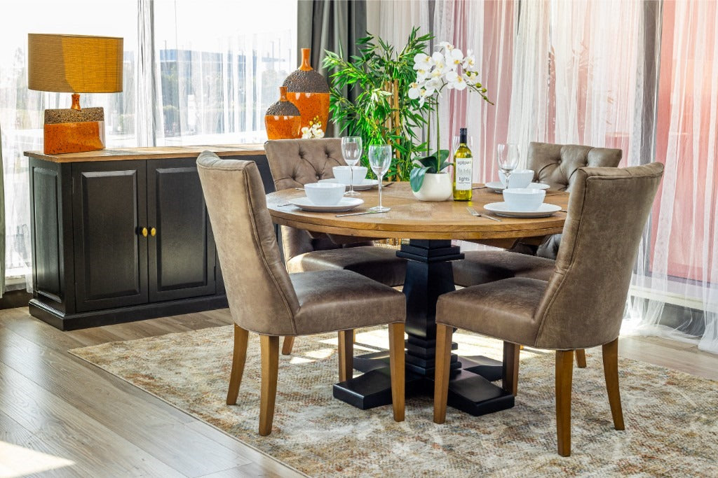 French Provincial Velino Parquetry 135 Round Dining Table 4 Chair Set - Oak Black
