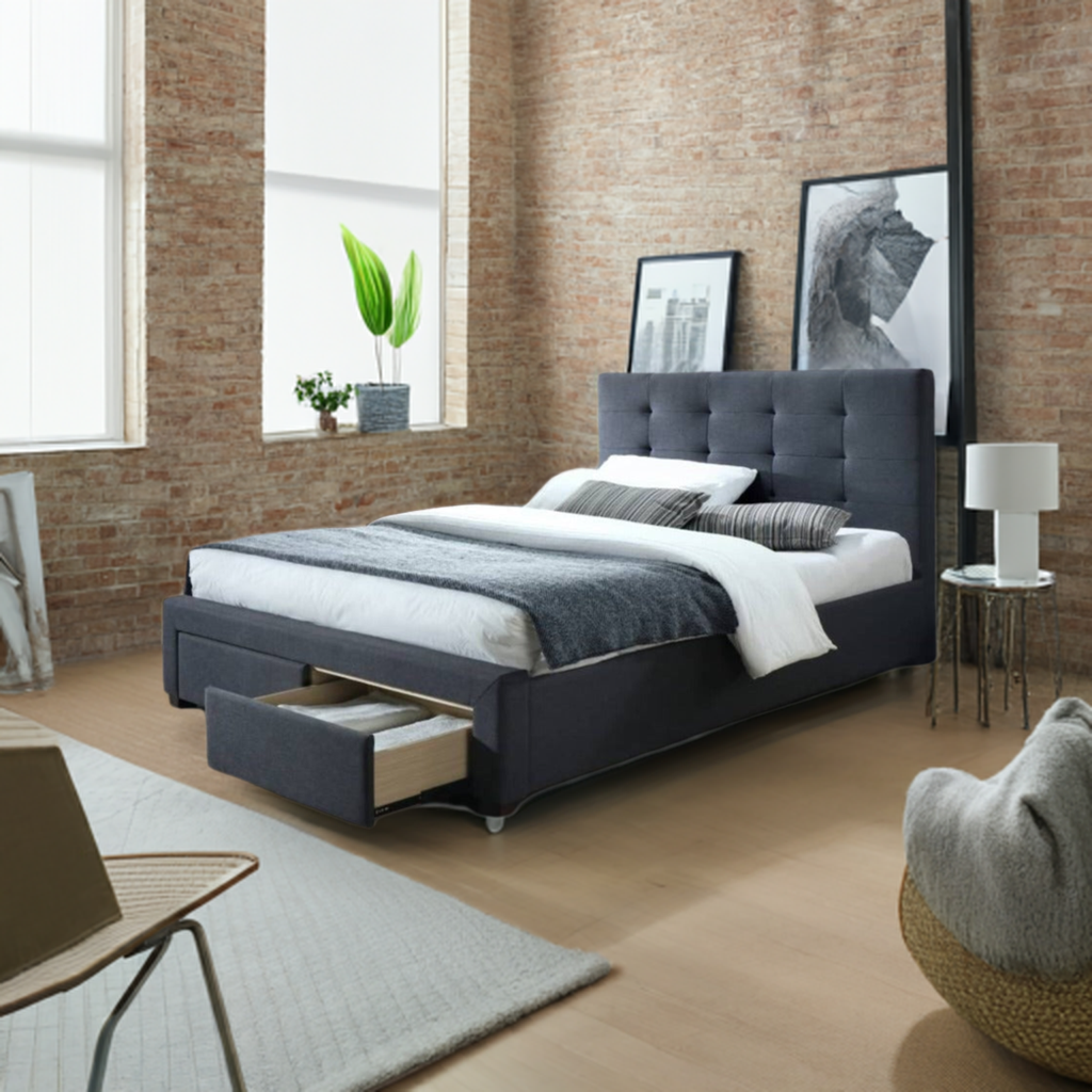 Rhodes Upholstered King Single Bed Storage -Mid Grey