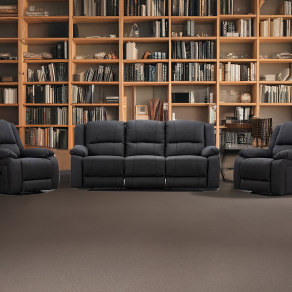 Captain 3 Seater Lounge with 2 Single Recliner Rhino Suede Set- Jet