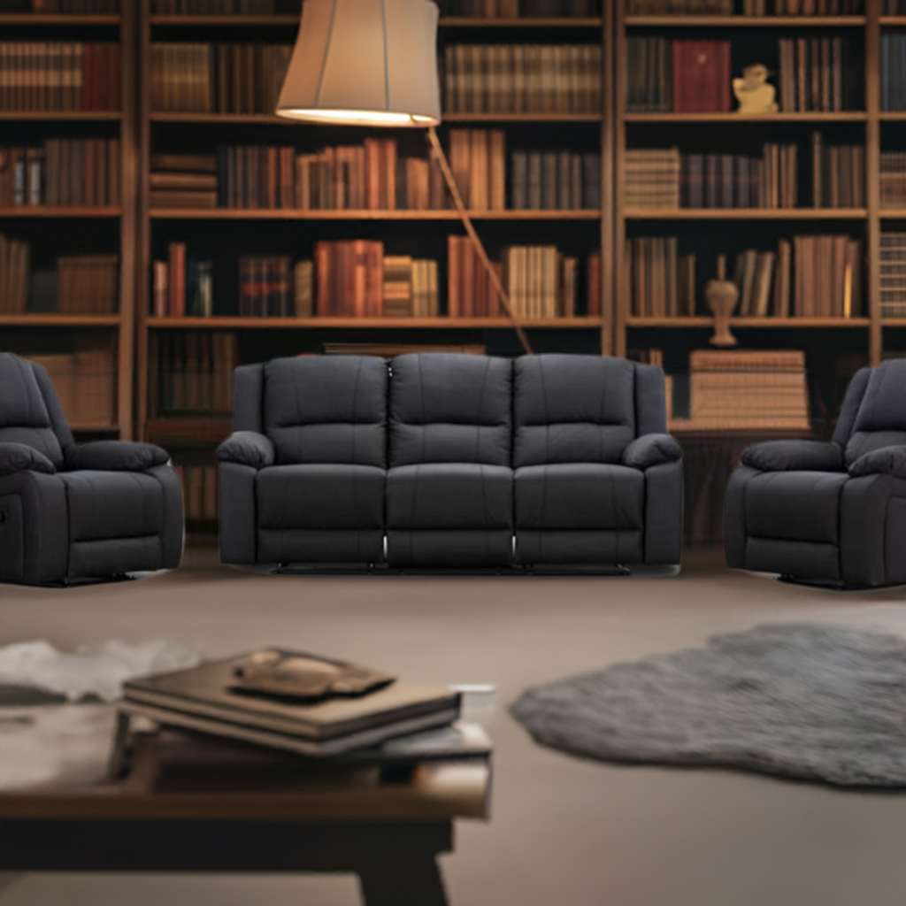 Captain 3 Seater Lounge with 2 Single Recliner Rhino Suede Set- Jet