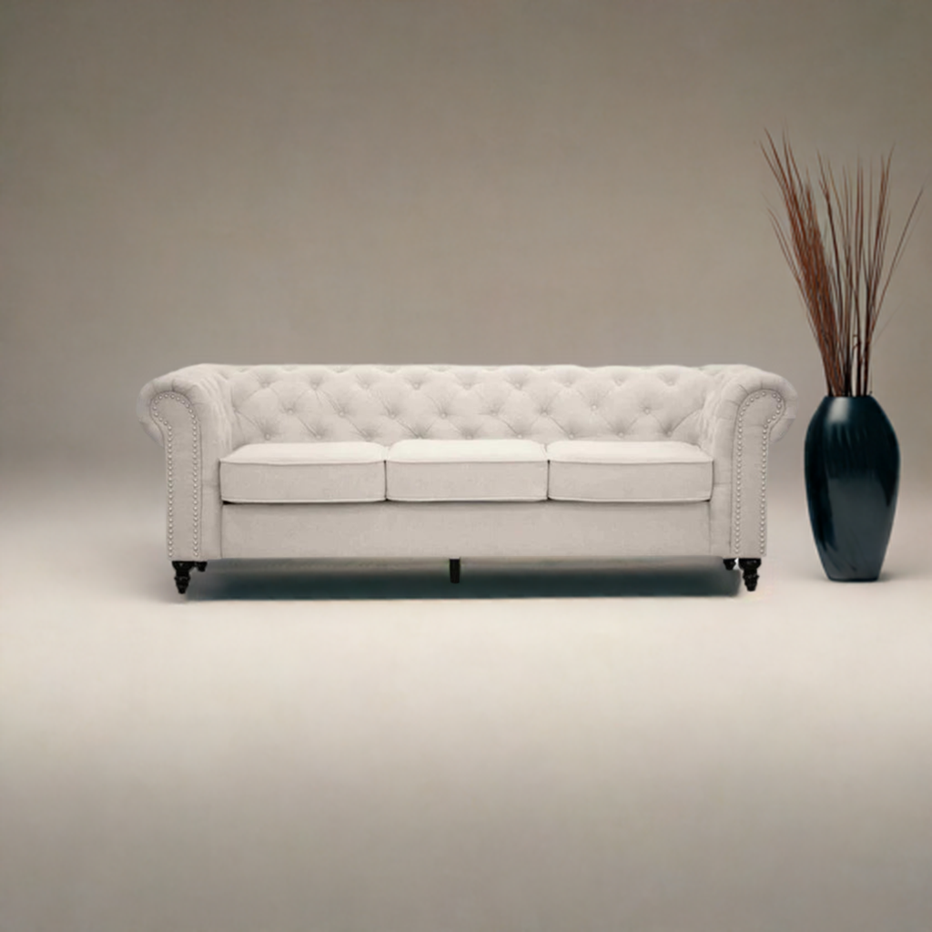 Taegon Royal Chesterfield 3 Seater Fabric Sofa- Beige