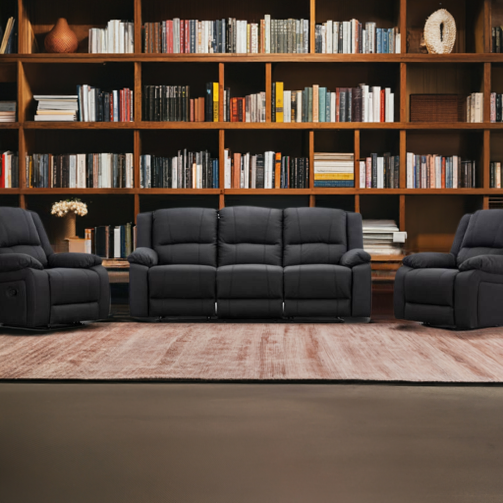 Captain 3 Seater Lounge with 2 Single Recliner Rhino Fabric Set -Black Onyx
