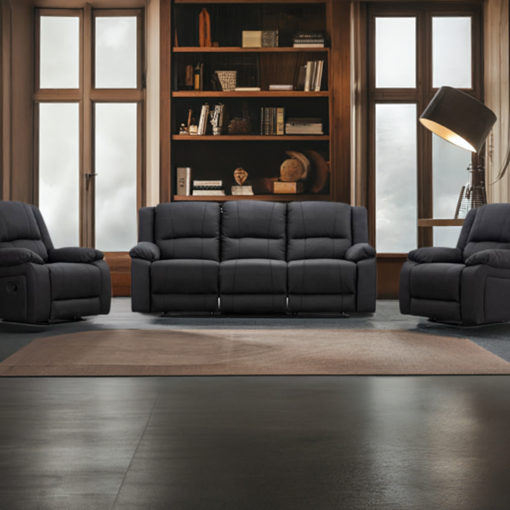 Captain 3 Seater Lounge with 2 Single Recliner Rhino Fabric Set -Black Onyx
