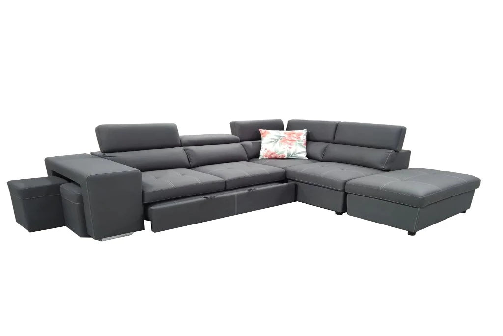 Positano Rhino Fabric 4 Seater Sofa Bed RHF Chaise Ottoman -Dark Grey