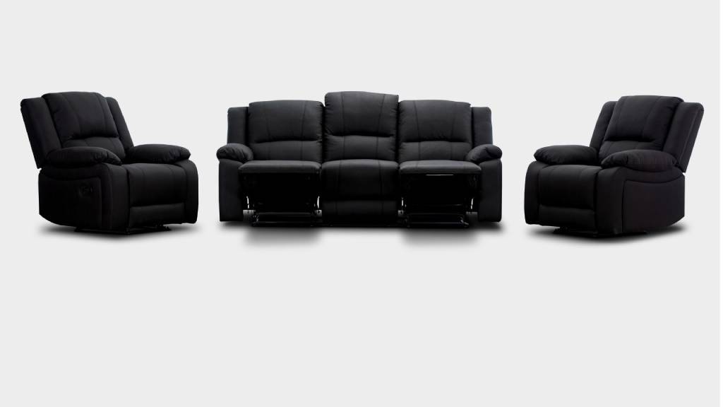 Captain 3 Seater Lounge with 2 Single Recliner Rhino Fabric Set -Black Onyx