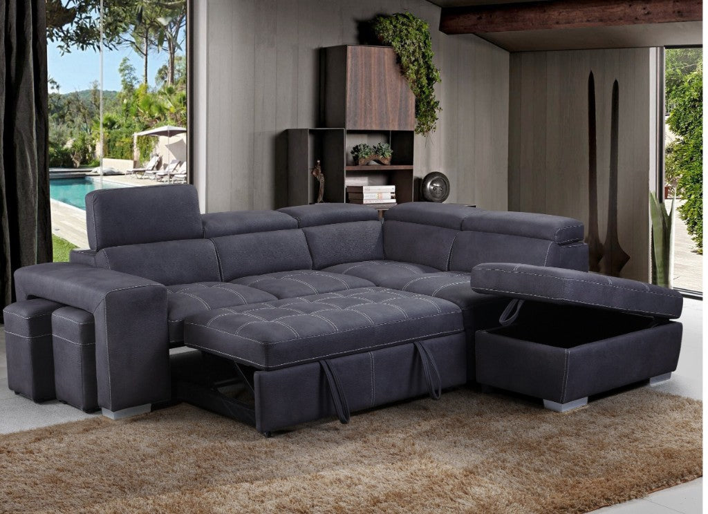 Positano 2 Seater Sofa bed 2X Ottoman W/ RHF Chaise -Dark Grey