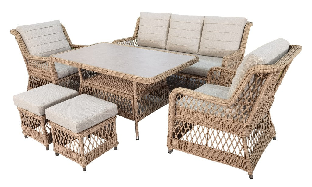 Corfu Outdoor 5PC Dining Table 3+1+1 Seater Sofa Set -Natural /Stone