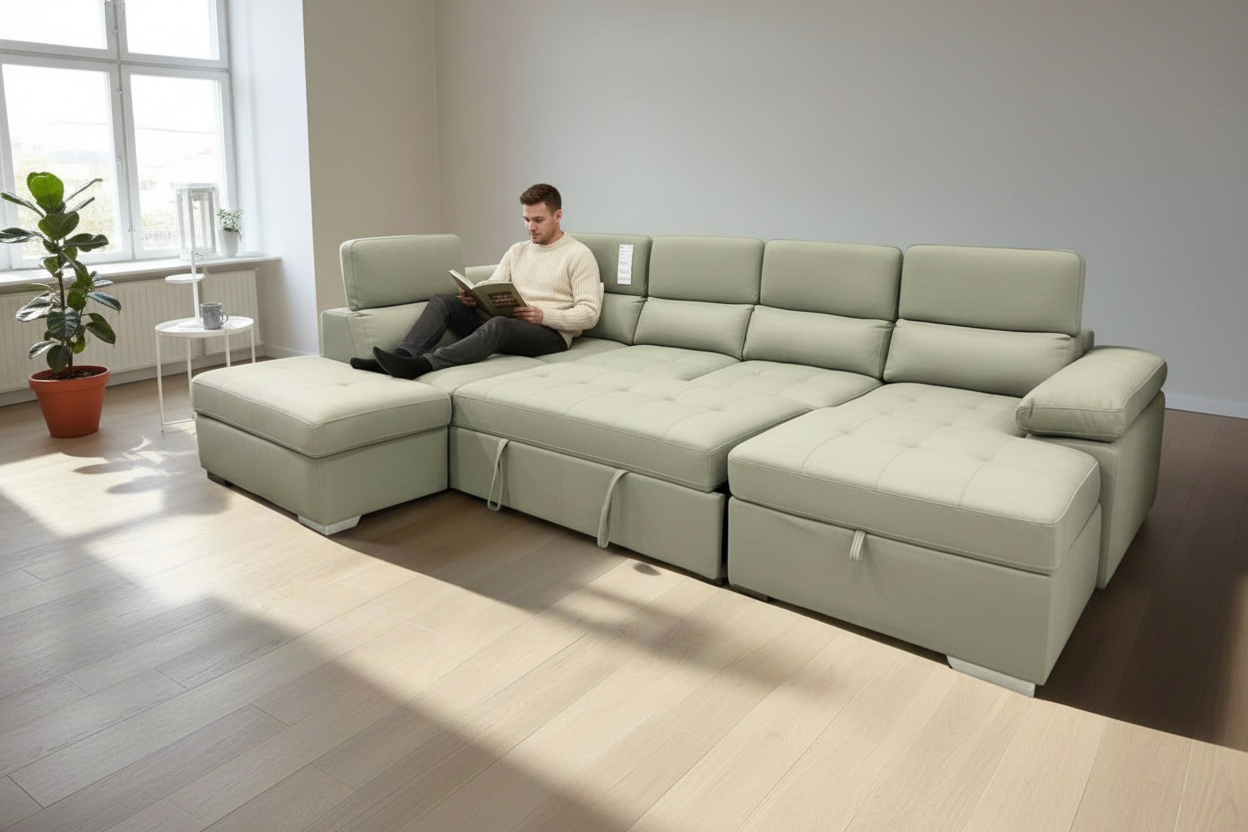 Brighton Rhino Fabric 6 Seater Sofa Bed Lounge - Light Grey