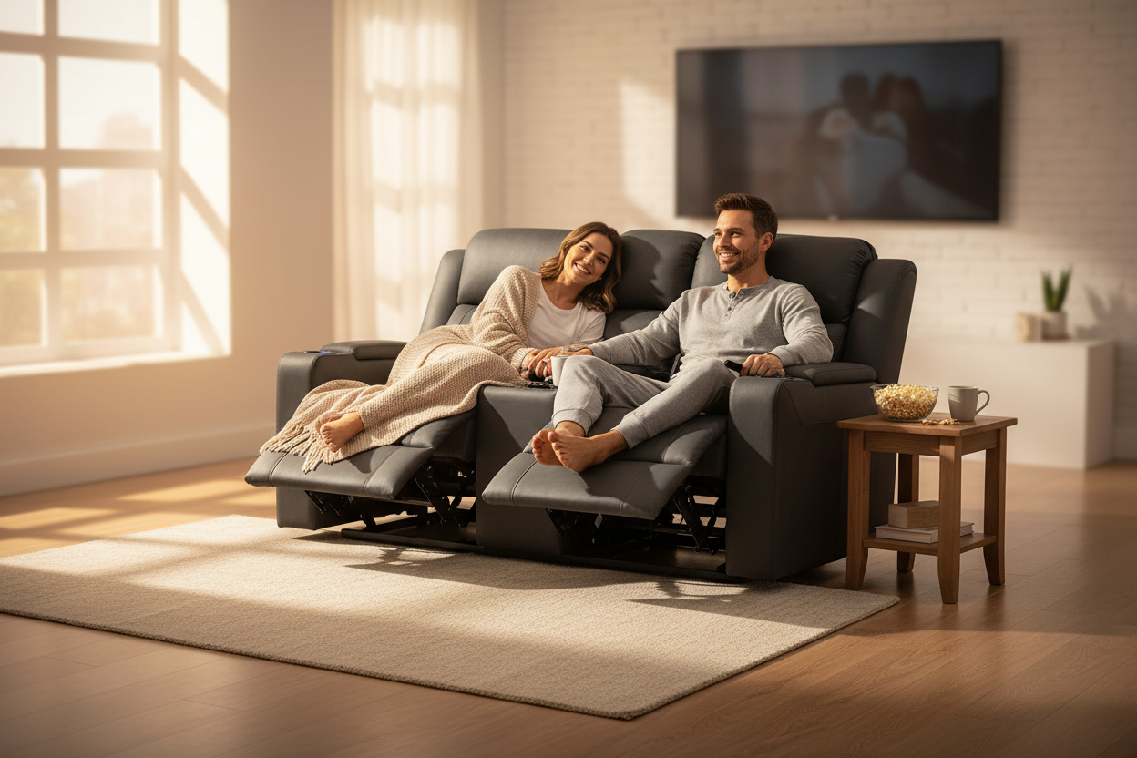 Home Cinema 2 Seater Electric Recliner Rhino Suede Fabric Sofa- Black