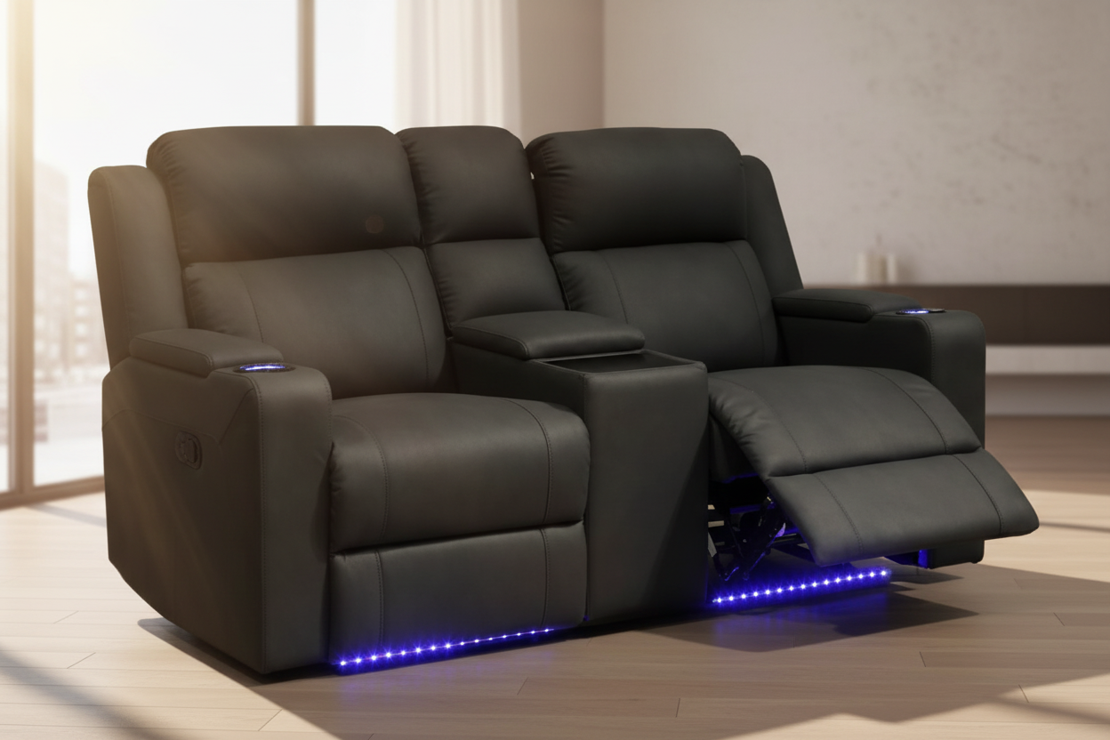 Home Cinema 2 Seater Electric Recliner Rhino Suede Fabric Sofa- Black