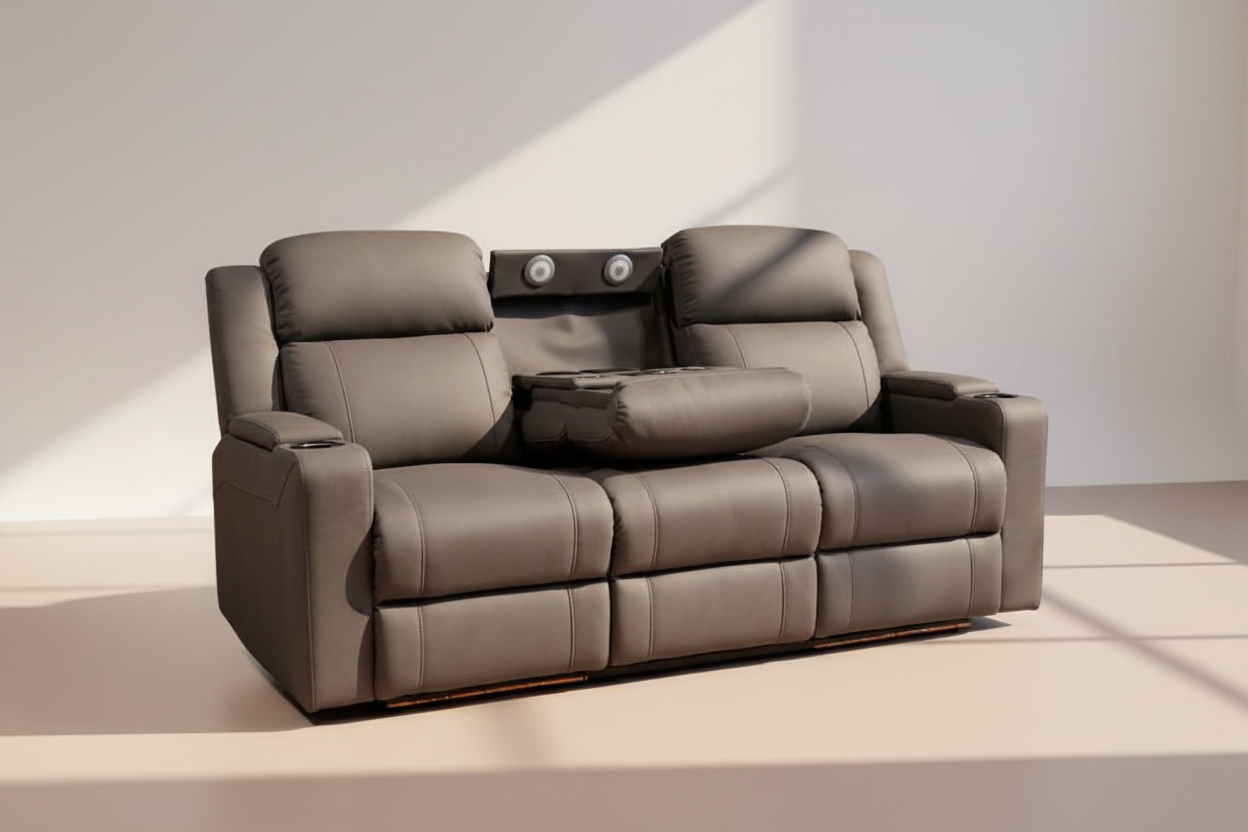 Home Cinema 3 Seater Electric Recliner Rhino Suede Fabric Sofa- Grey