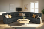 A black modular corner recliner sofa with a jet pattern, positioned in a room near a window with natural lighting.