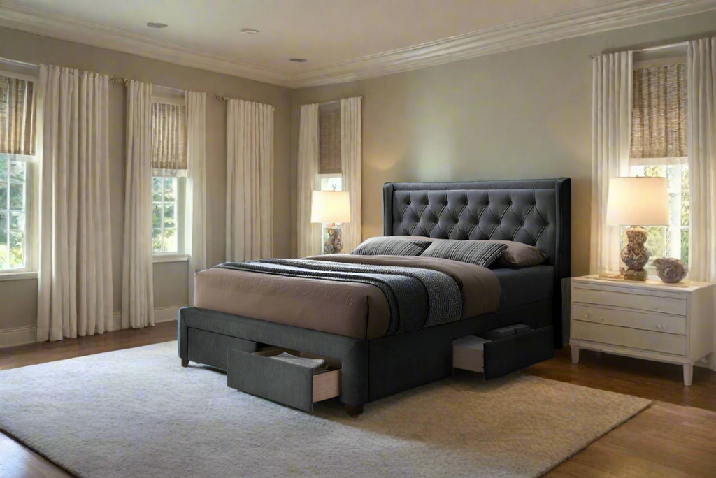 Rilevix 4 Drawer Upholstered Fabric  Storage Queen Bed Dark Grey