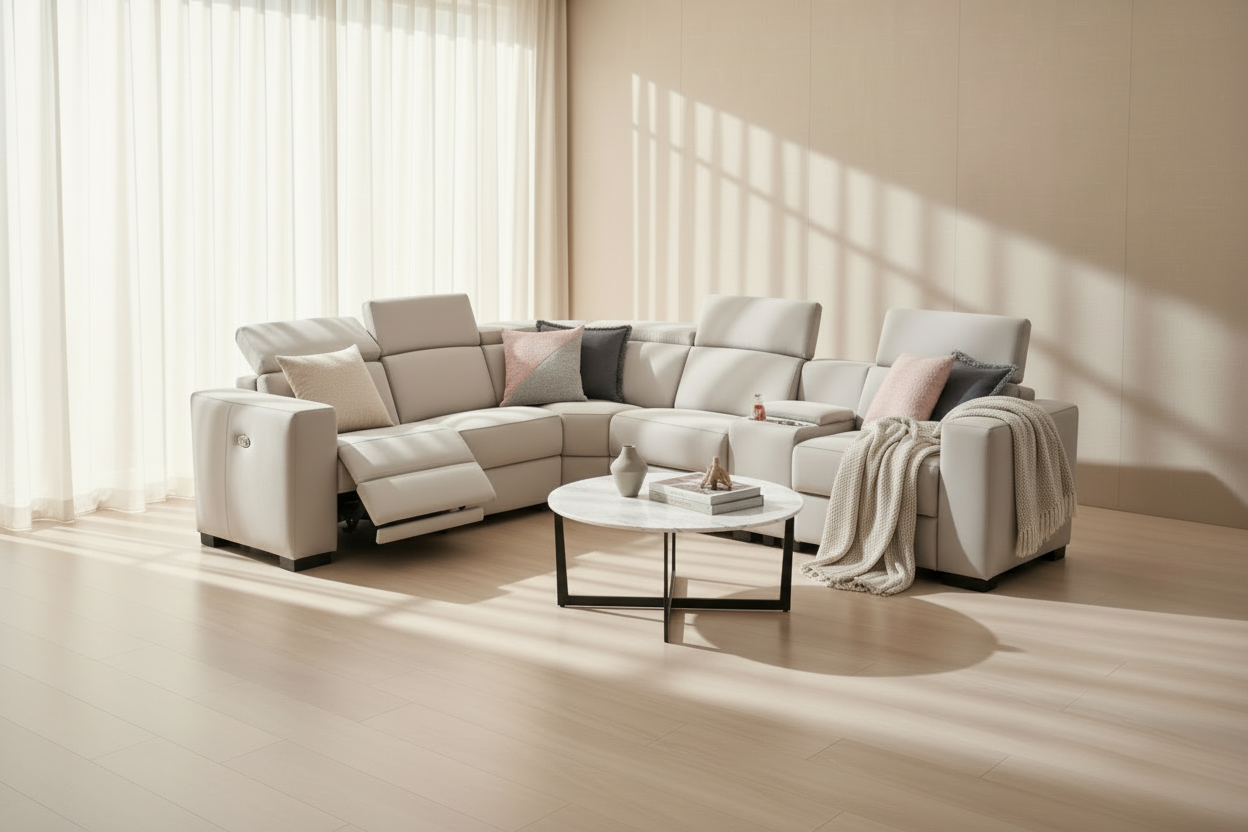 Tripoli Nappa Fabric Modular Corner Lounge W/Electric Recliner-Mist Grey