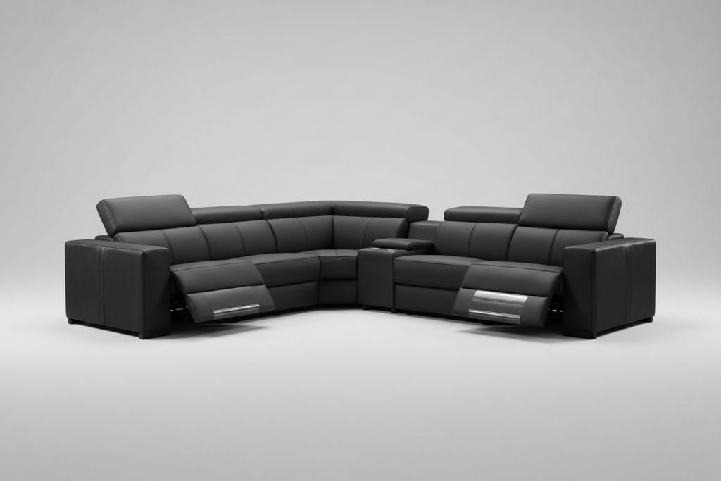 Black leather sectional sofa on a white background