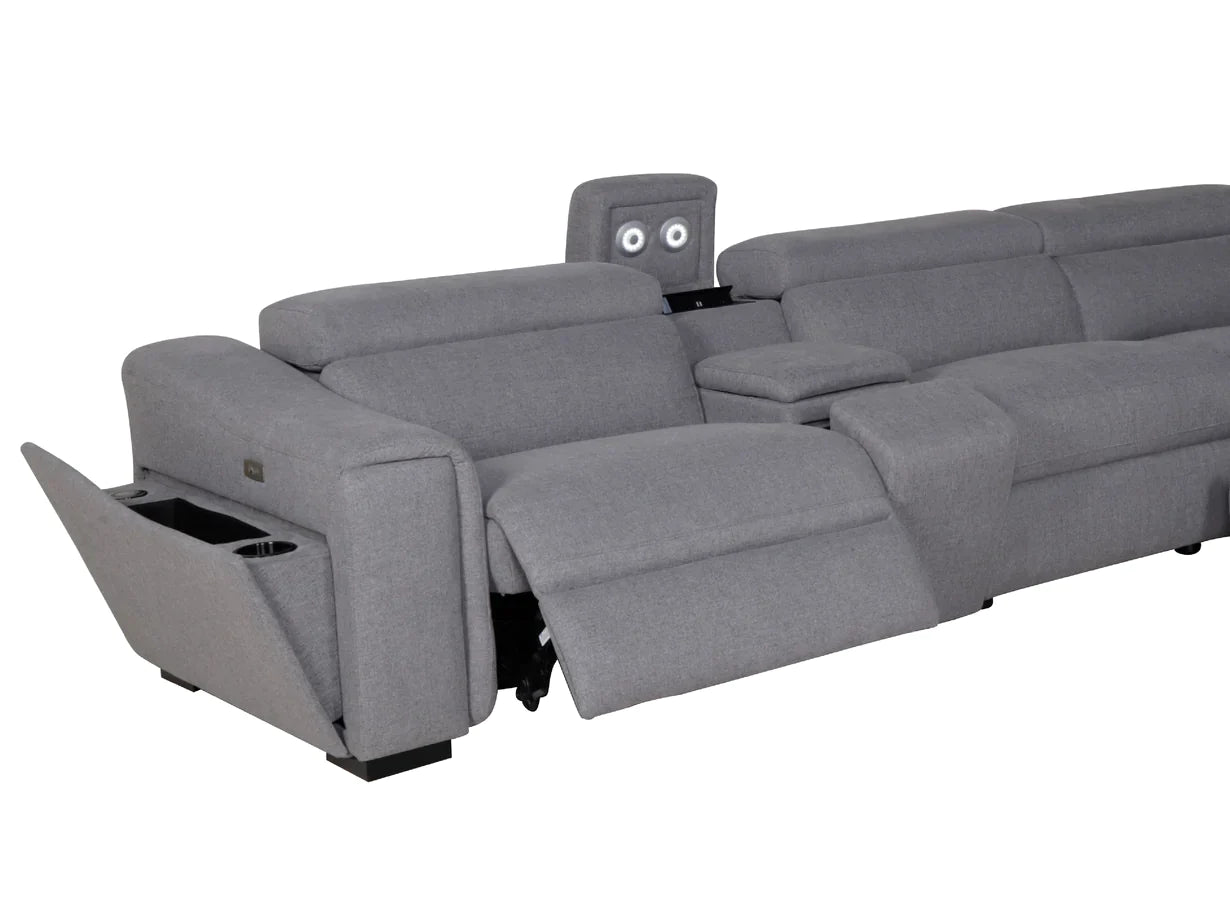 Athena Fabric Corner Modular Lounge W/2 END Electric Recliner -Light Grey