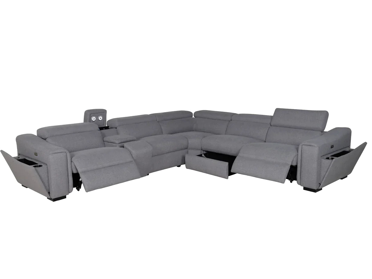 Athena Fabric Corner Modular Lounge W/2 END Electric Recliner -Light Grey