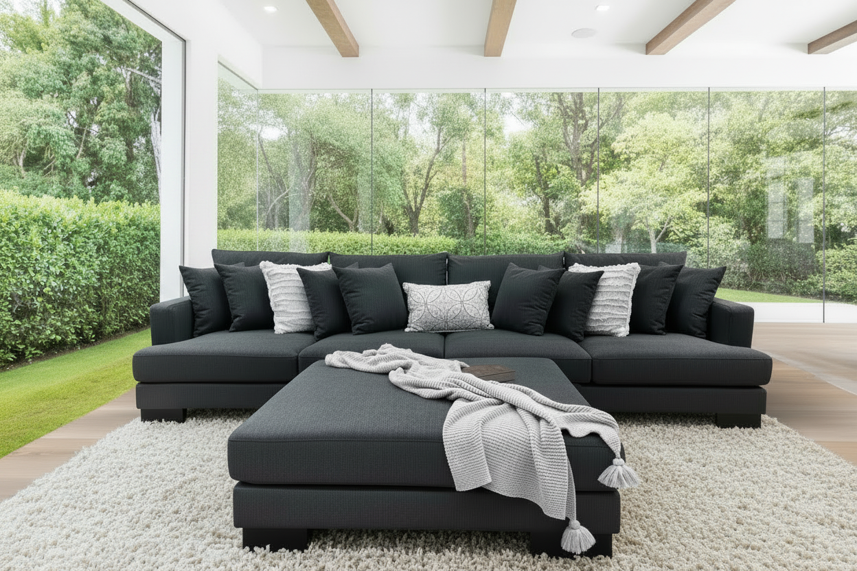 Manhattan Deep Seat Modular Fabric Lounge Plus Ottoman Dark Grey