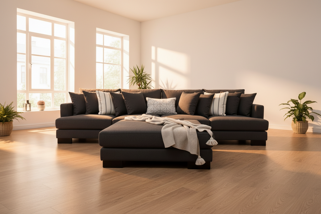 Gray sectional sofa with decorative pillows and a blanket on a gray background