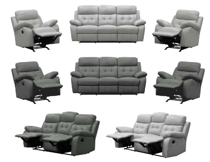 Cosvix 3 Seater Leather Lounge W 2 Single Recliner Set-Gunmetal