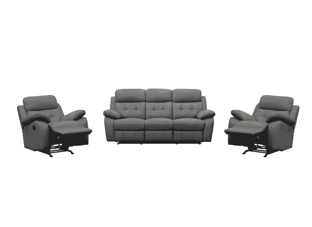 Cosvix 3 Seater Leather Lounge W 2 Single Recliner Set-Gunmetal
