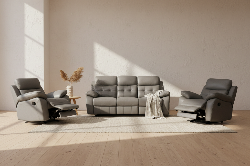 Cosvix 3 Seater Leather Lounge W 2 Single Recliner Set-Gunmetal