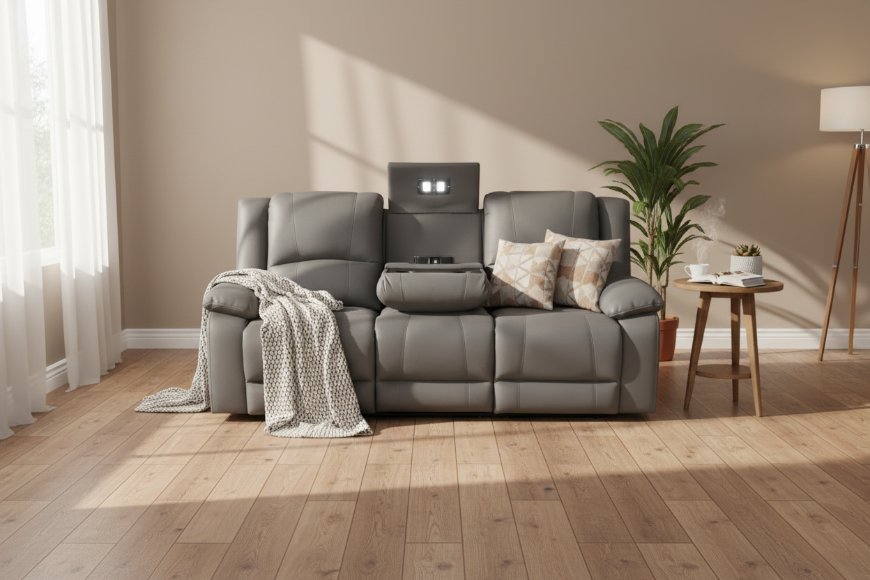 Gray recliner sofa with cup holders and armrests on a white background