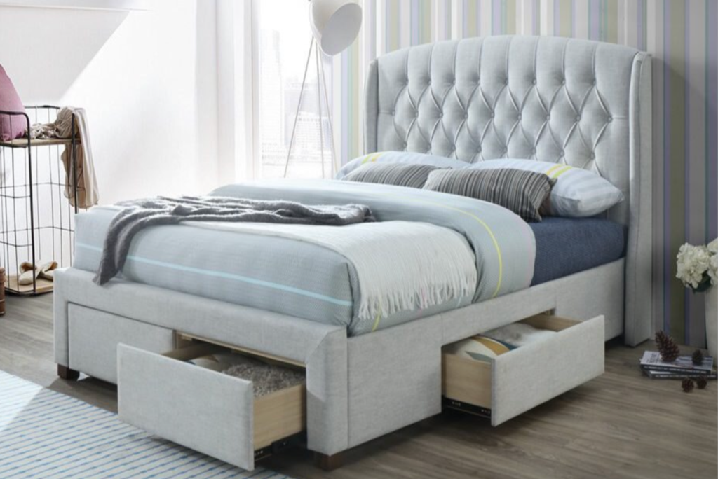 Kingston 4 Drawers Upholstered Fabric Double Bed Dark Grey