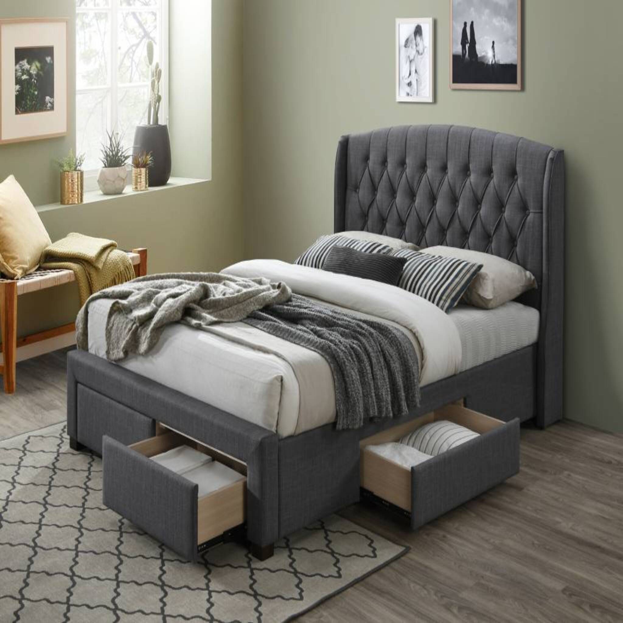 Kingston 4 Drawers Upholstered Fabric Double Bed Dark Grey