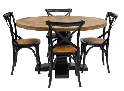 French Provincial Velino Parquetry 135 Round Dining Table 4 Chair Set  - Oak Black