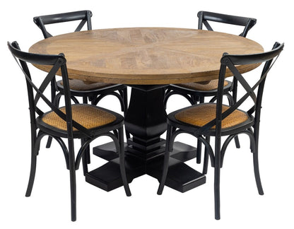 French Provincial Velino Parquetry 135 Round Dining Table 4 Chair Set  - Oak Black