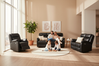 Black leather reclining sofa set on a gray background