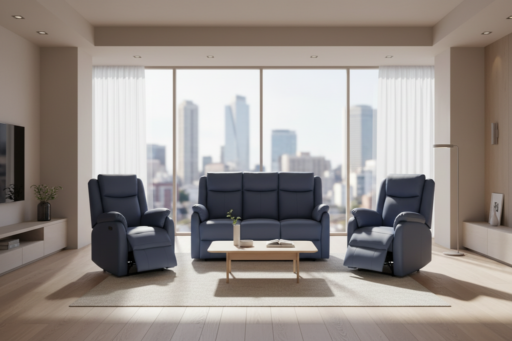 Blue leather recliner sofa set on a white background