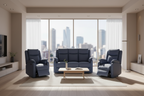Blue leather recliner sofa set on a white background