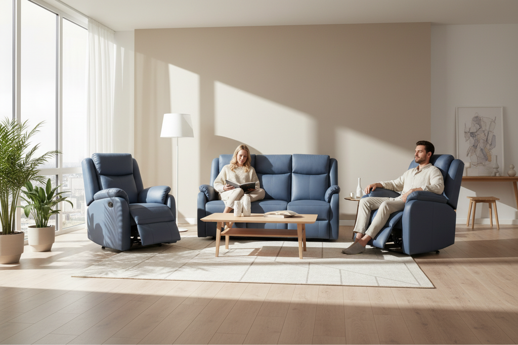 Blue leather recliner sofa set on a white background
