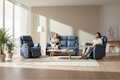 Blue leather recliner sofa set on a white background