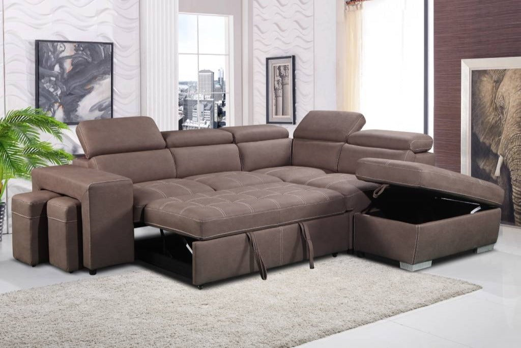 OFFO Positano Rhino Fabric Sofa Bed Right Chaise Mushroom