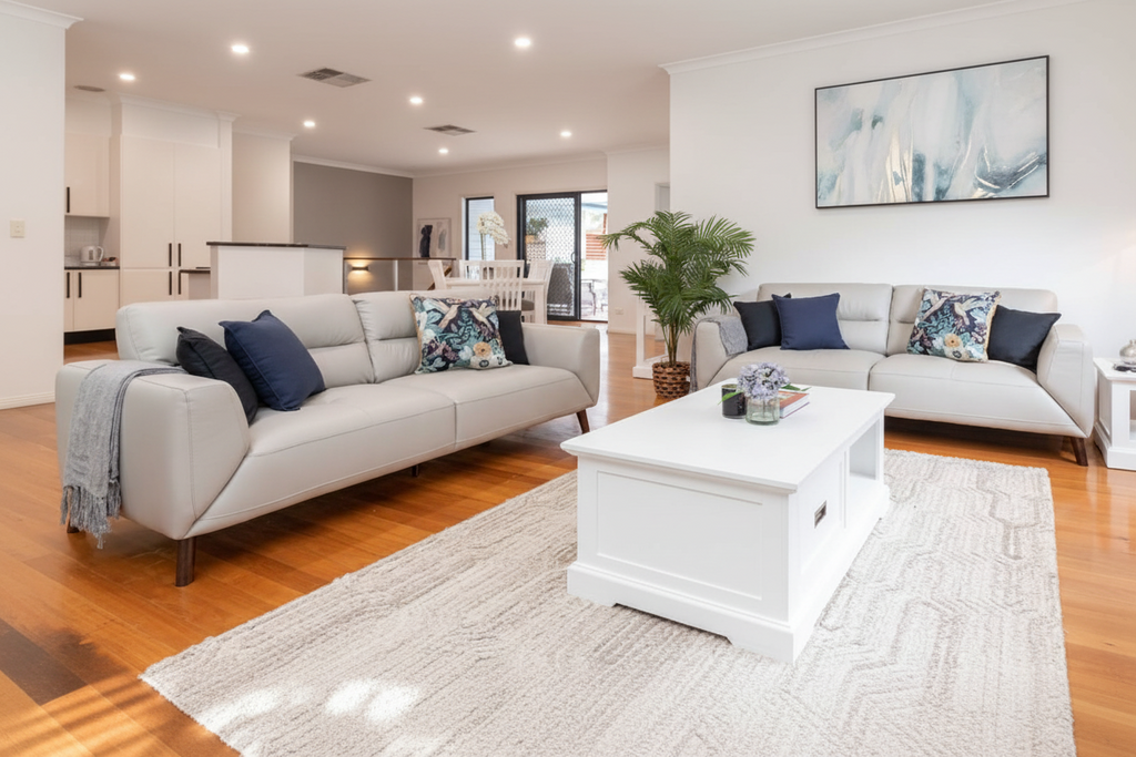 Modern living room with a white sofa, coffee table, and decorative pillows.