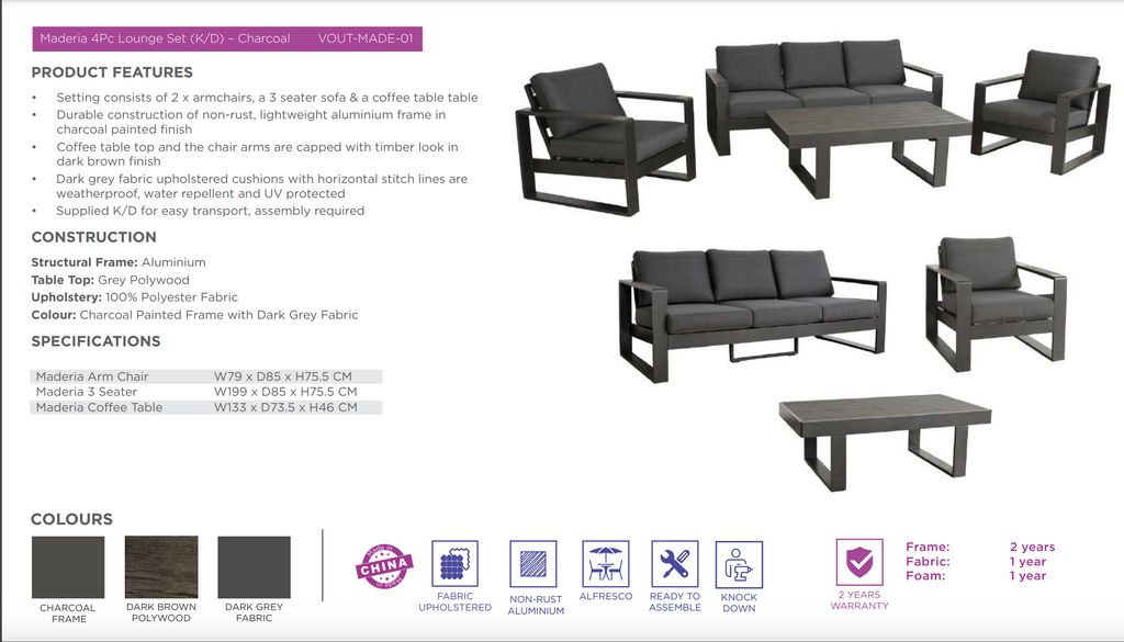 Madevix Outdoor 5PC Lounge Sofa Set- Charcoal