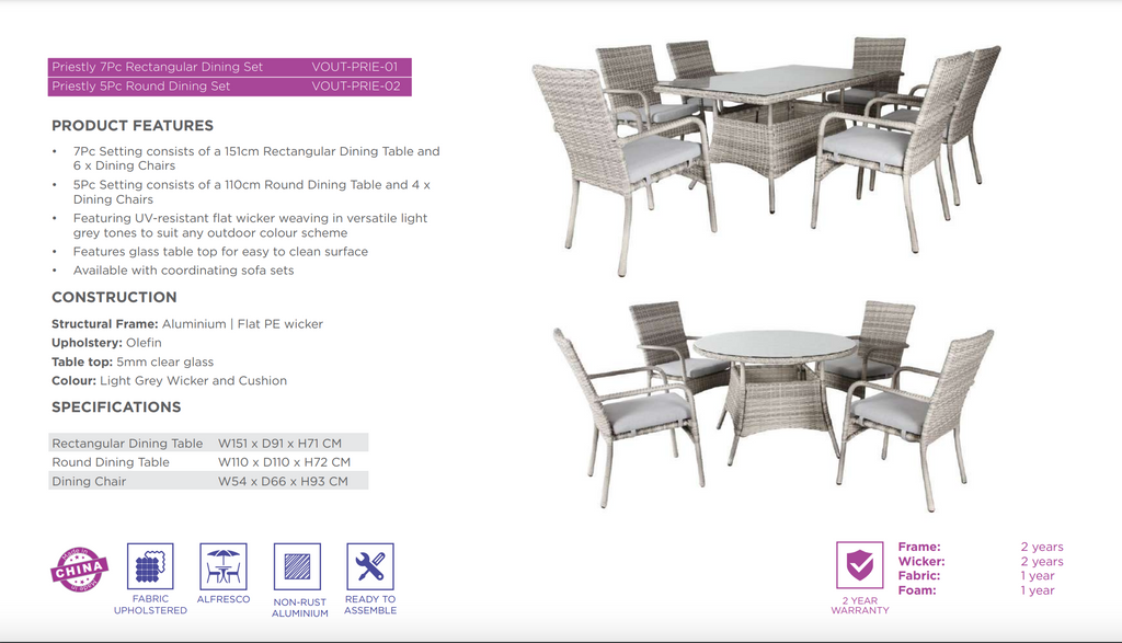 Priestly Outdoor Wicker 3PC Dining Set-Light Grey