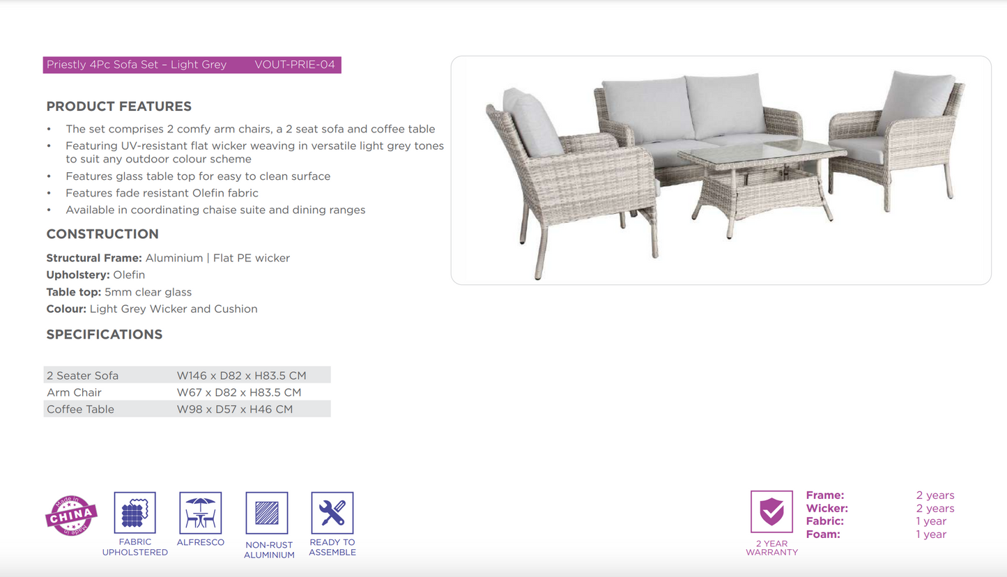 Priestly Outdoor Wicker 4PC Sofa Set-Light Grey