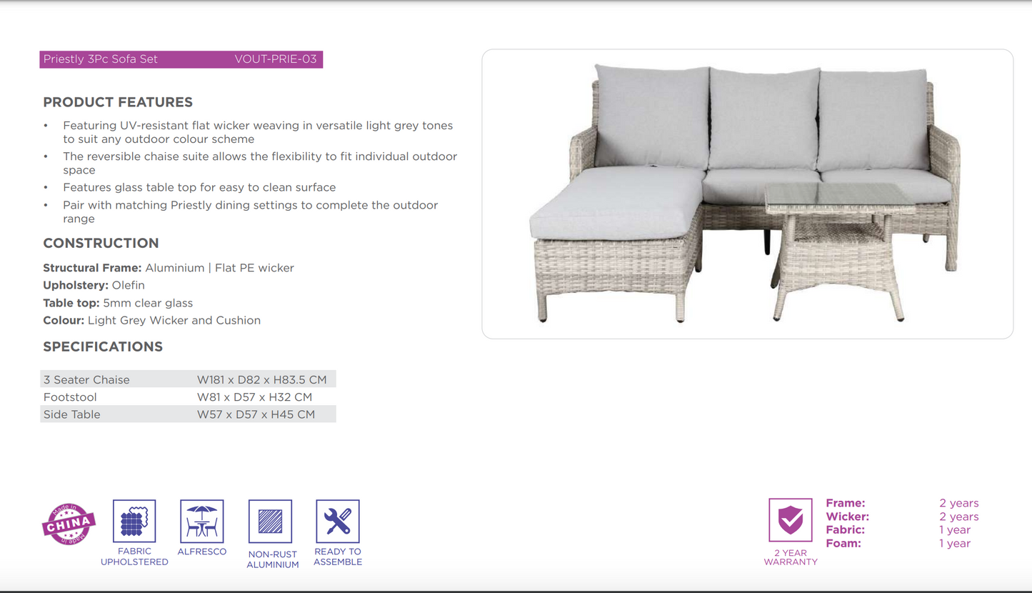 Priestly Outdoor Wicker 4PC Sofa Set-Light Grey