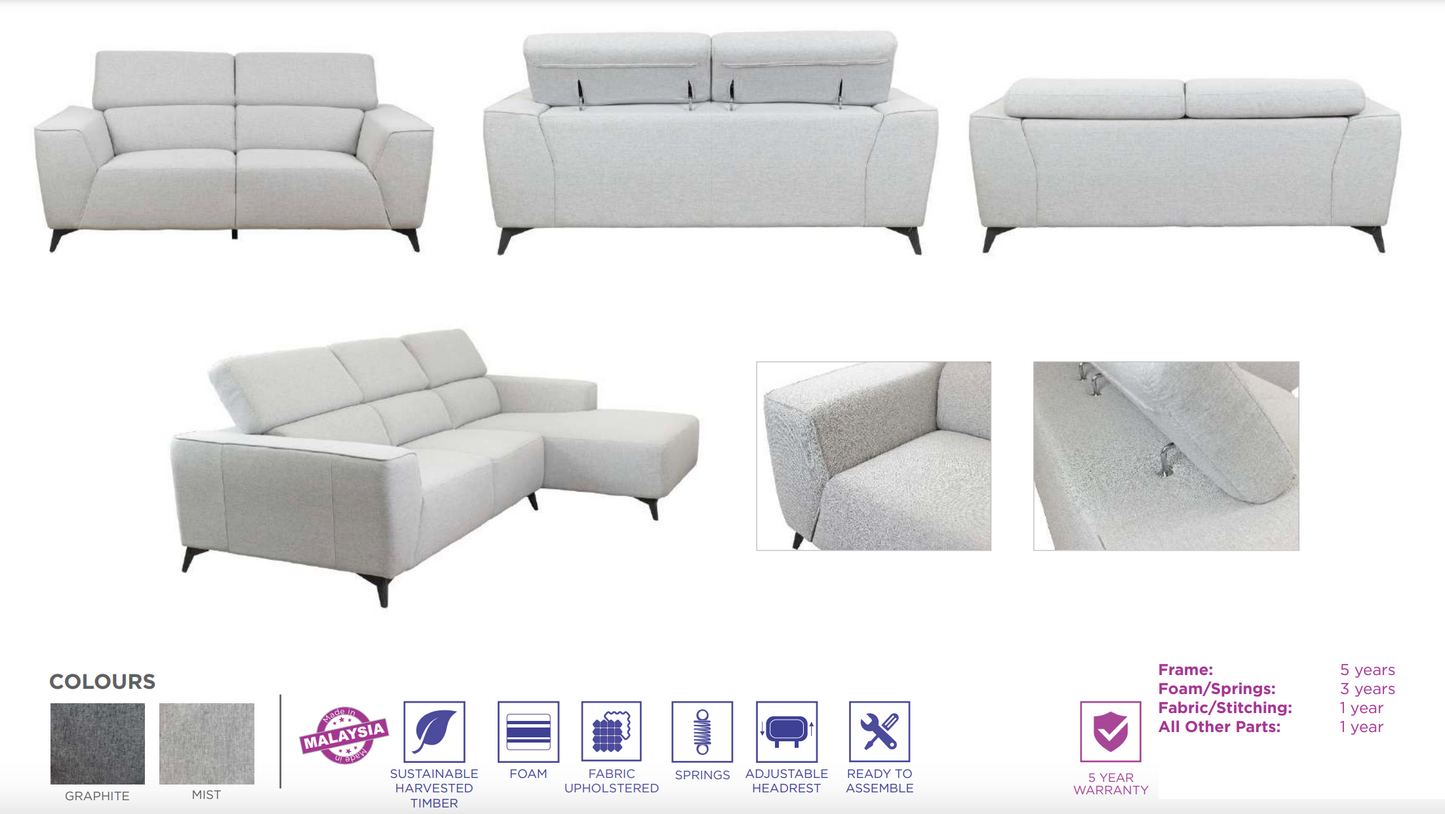 Blake Fabric 2.5 Seater Right Hand Chaise Sofa- Mist