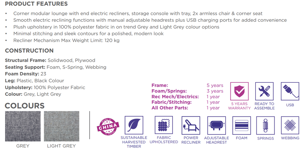 Robbie Fabric Corner Modular W/2 End Electric Recliner -Light Grey