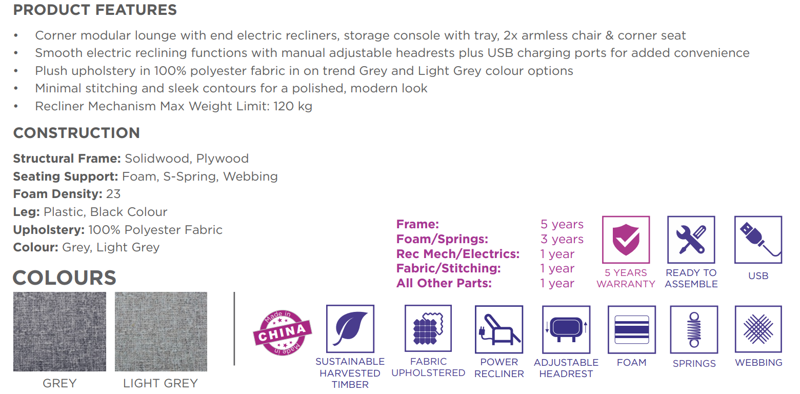 Robbie Fabric Corner Modular W/2 End Electric Recliner -Light Grey