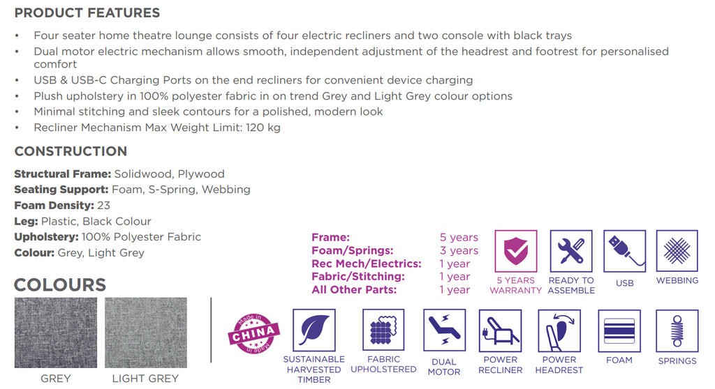 Robbie Dual Motor 4 Seater Electric Recliner - Light Grey